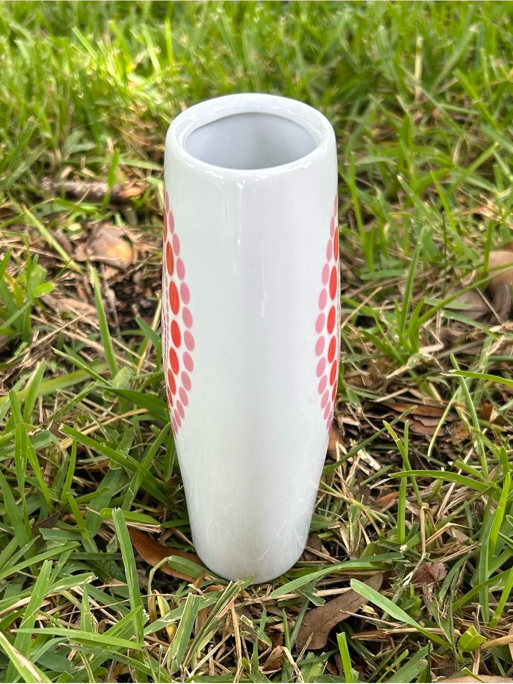 Poland White Ceramic Vase with Pink and Orange Dot Paisley Design